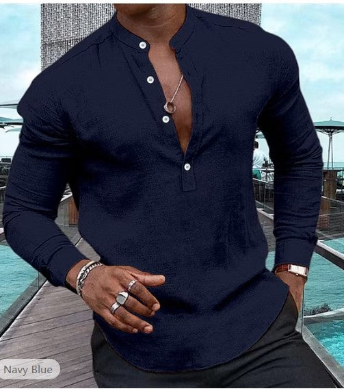 Men's Shirt Casual Long Sleeve Solid Color Cotton Linen Henley Top - NJPH Best Selling 