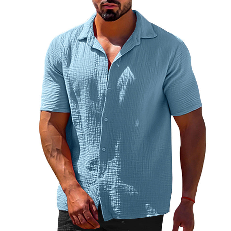 Polo Collar Solid Color Short Sleeve Button Men's Linen Shirts - NJPH Best Selling 