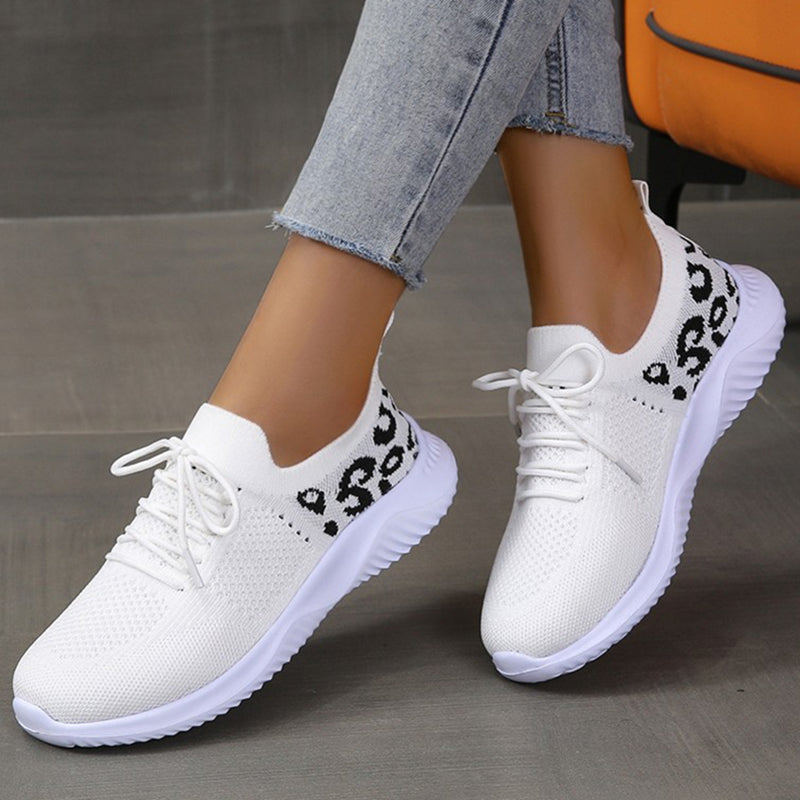 White Shoes Women Leopard Print Lace-up Sneakers Sports - NJPH Best Selling 