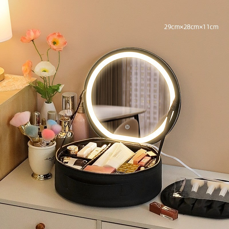 Round Smart LED Makeup Bag With Mirror Lights Women Beauty Bag Large Capacity PU Leather Travel Organizers Cosmetic Case - NJPH Best Selling 