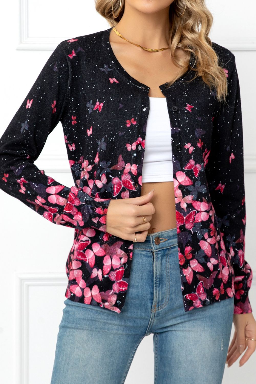 Woven Right Floral Button Front Round Neck Cardigan - NJPH Best Selling 