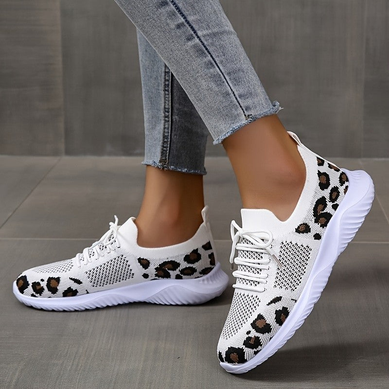 White Shoes Women Leopard Print Lace-up Sneakers Sports - NJPH Best Selling 