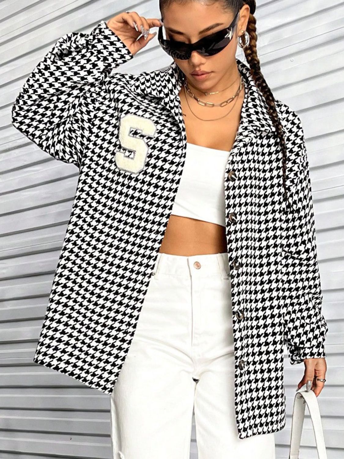 Houndstooth Button Down Long Sleeve Shacket - NJPH Best Selling 