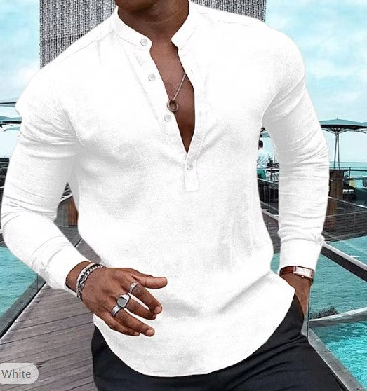 Men's Shirt Casual Long Sleeve Solid Color Cotton Linen Henley Top - NJPH Best Selling 