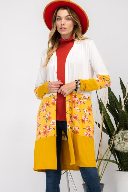 Celeste Full Size Floral Color Block Open Front Cardigan - NJPH Best Selling 