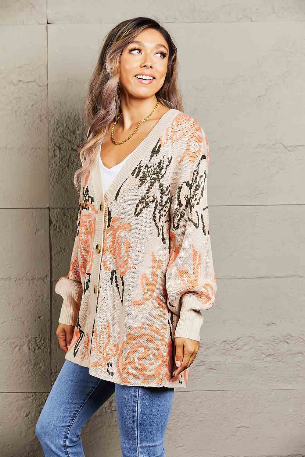 Woven Right Floral Pattern Ribbed Trim Cardigan - NJPH Best Selling 