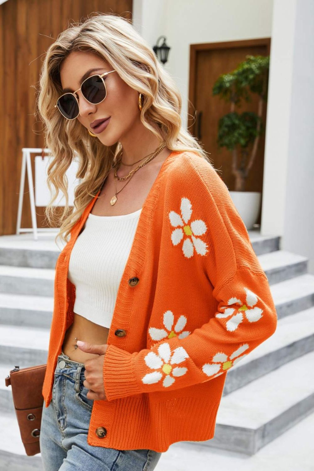 Floral Ribbed Trim Drop Shoulder Cardigan - NJPH Best Selling 