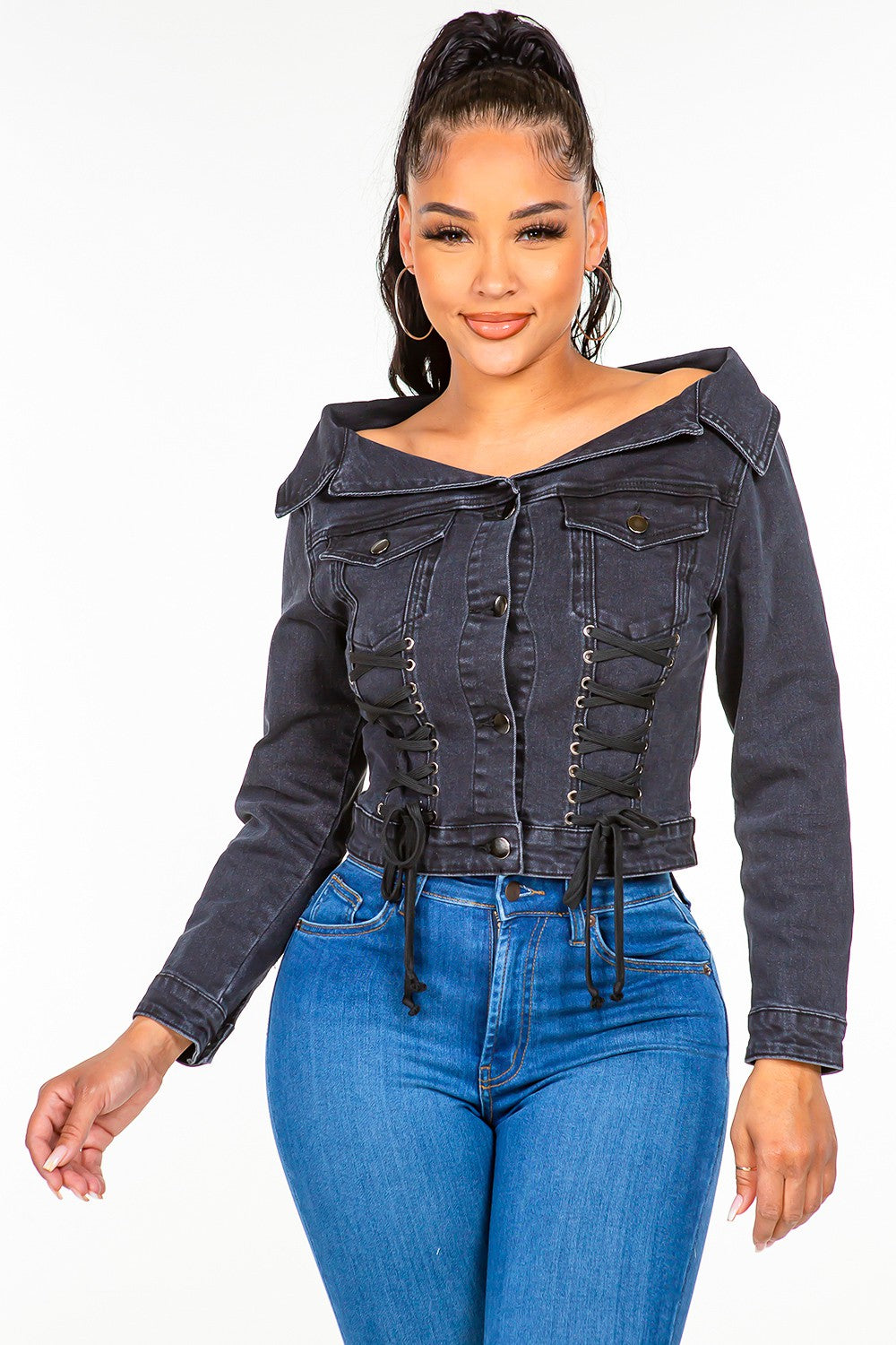 American Bazi Off Shoulder Lace Up Denim Jacket