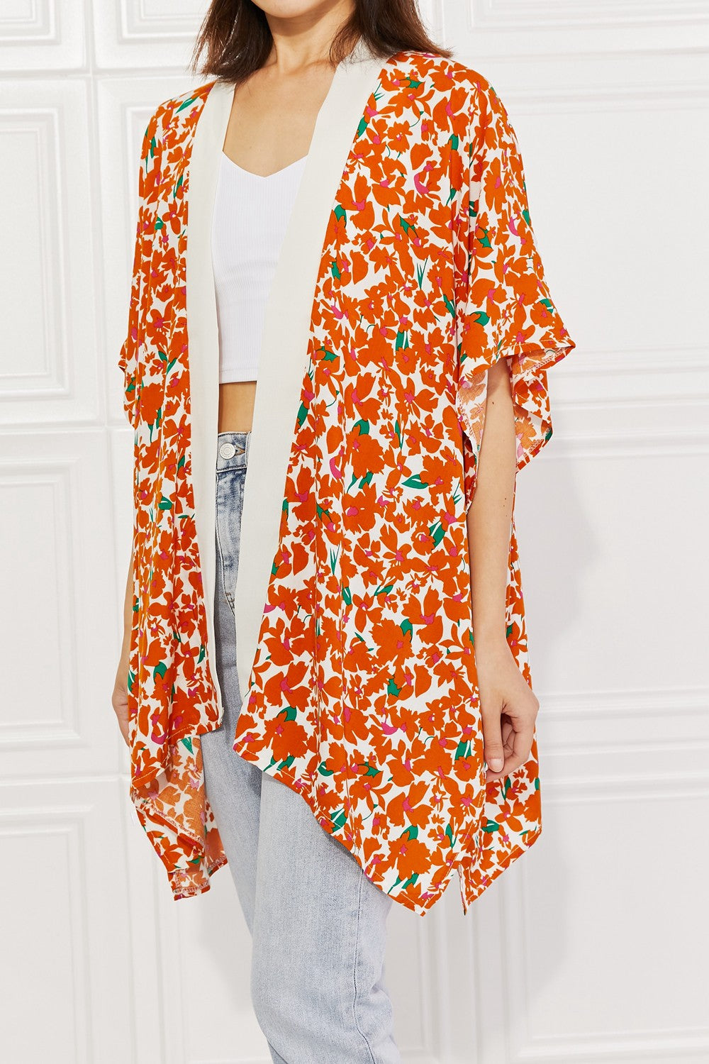 Justin Taylor Citrus Blossom Floral Contrast Trim Kimono - NJPH Best Selling 