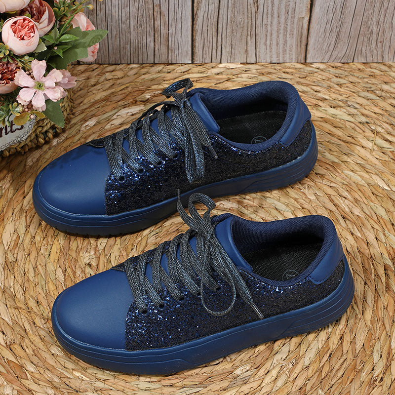 Glitter Sequin Design Flats Shoes Women Trendy Casual Thick-soled Lace-up Sneakers Fashion Skateboard Shoes - NJPH Best Selling 