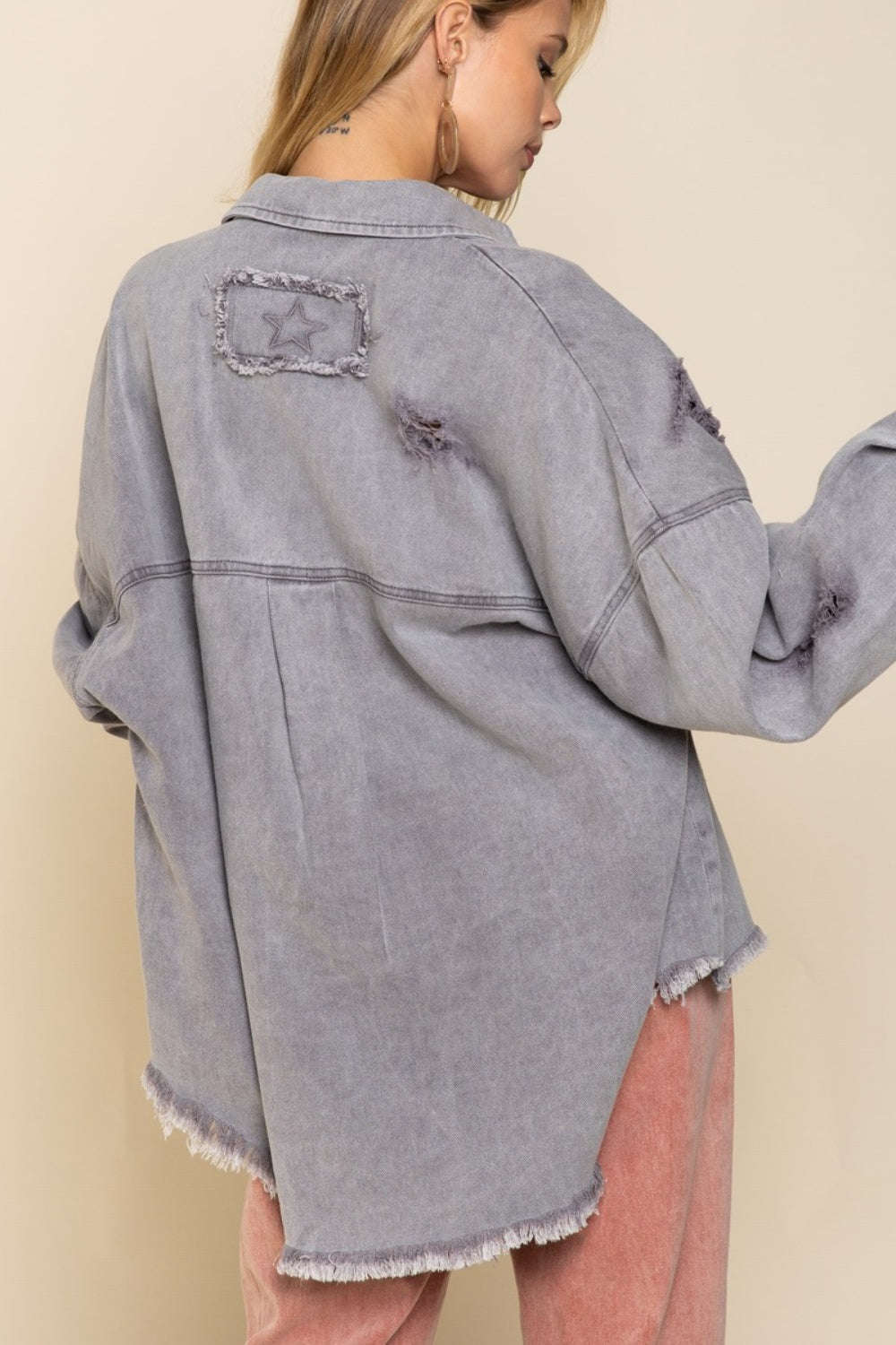 POL Button Down Raw Hem Distressed Shacket - NJPH Best Selling 