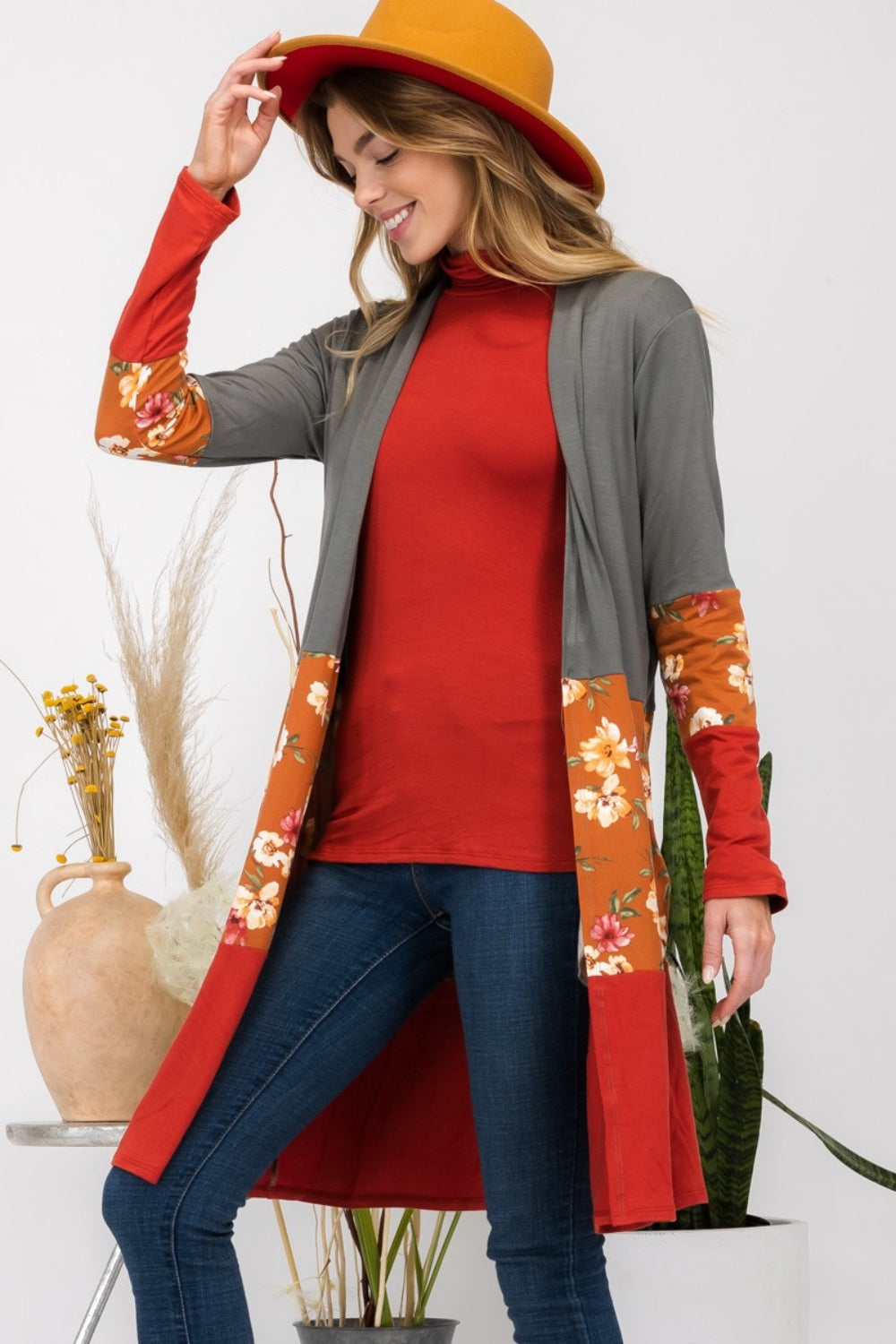 Celeste Full Size Floral Color Block Open Front Cardigan - NJPH Best Selling 