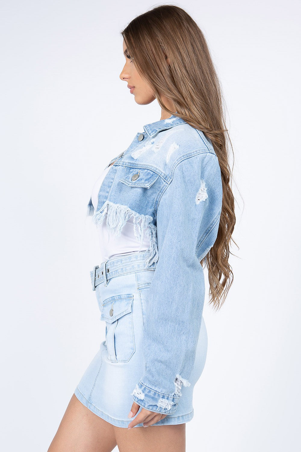 American Bazi Distressed Denim Jacket with Frayed Hem - NJPH Best Selling 