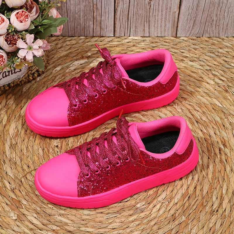 Glitter Sequin Design Flats Shoes Women Trendy Casual Thick-soled Lace-up Sneakers Fashion Skateboard Shoes - NJPH Best Selling 