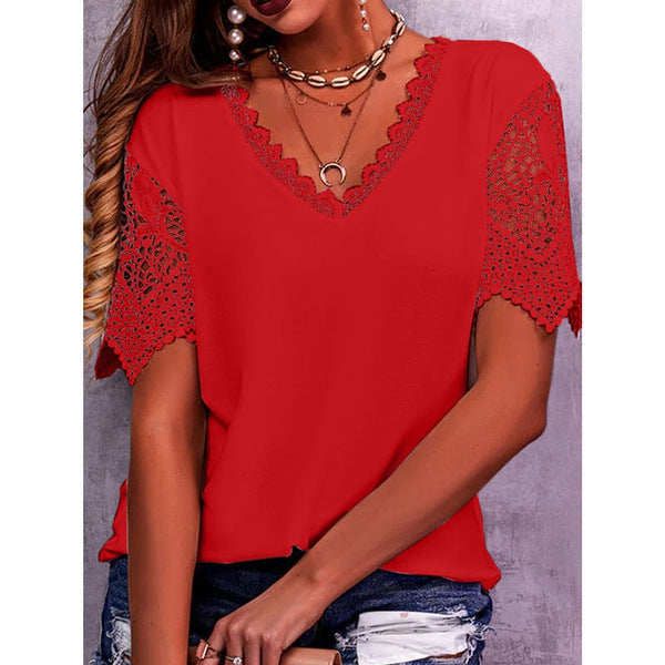 Lace Tops Women Summer Loose V Neck Short Sleeve Casual Shirts - NJPH Best Selling 