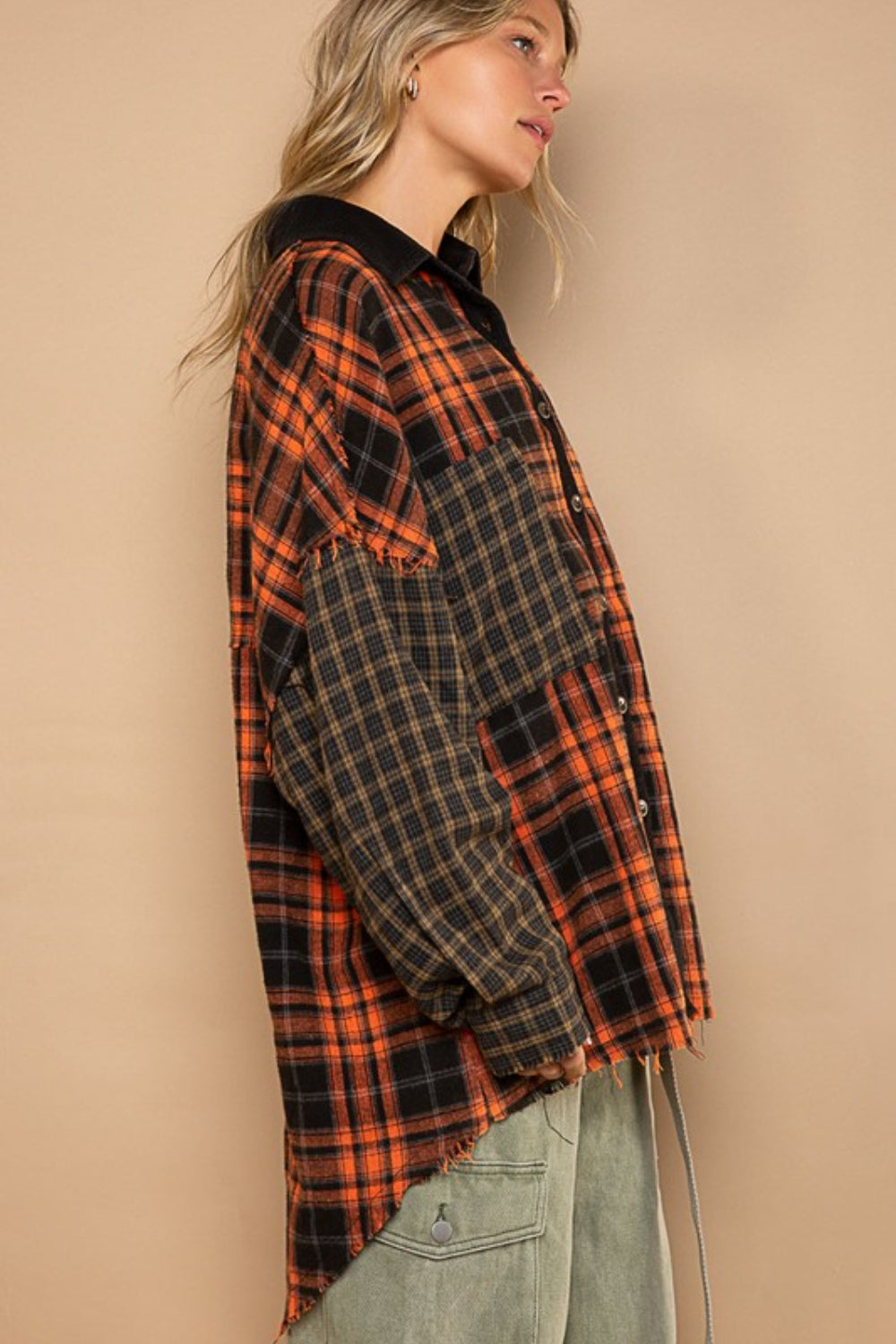 POL Plaid Contrast Long Sleeve Raw Hem Shacket with Chest Pockets - NJPH Best Selling 