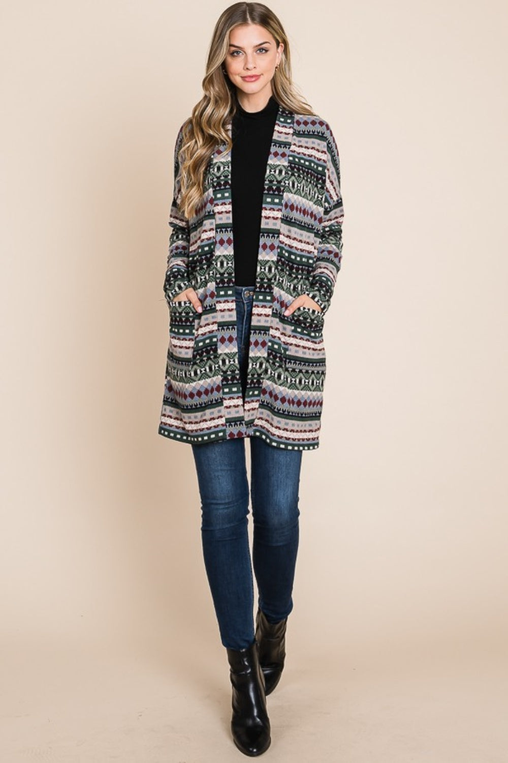 BOMBOM Geometric Open Front Long Sleeve Cardigan with Pockets - NJPH Best Selling 