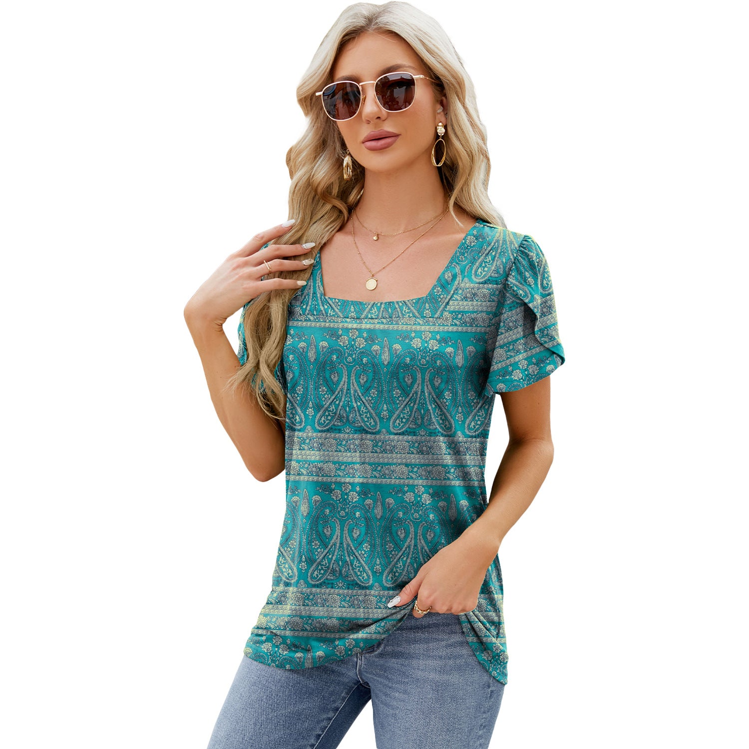 Summer Top Fashion Square Neck Printed Short-sleeved T-shirt With Petal Sleeve Design Bohemian Beach Loose T-shirt For Womens Clothing - NJPH Best Selling 