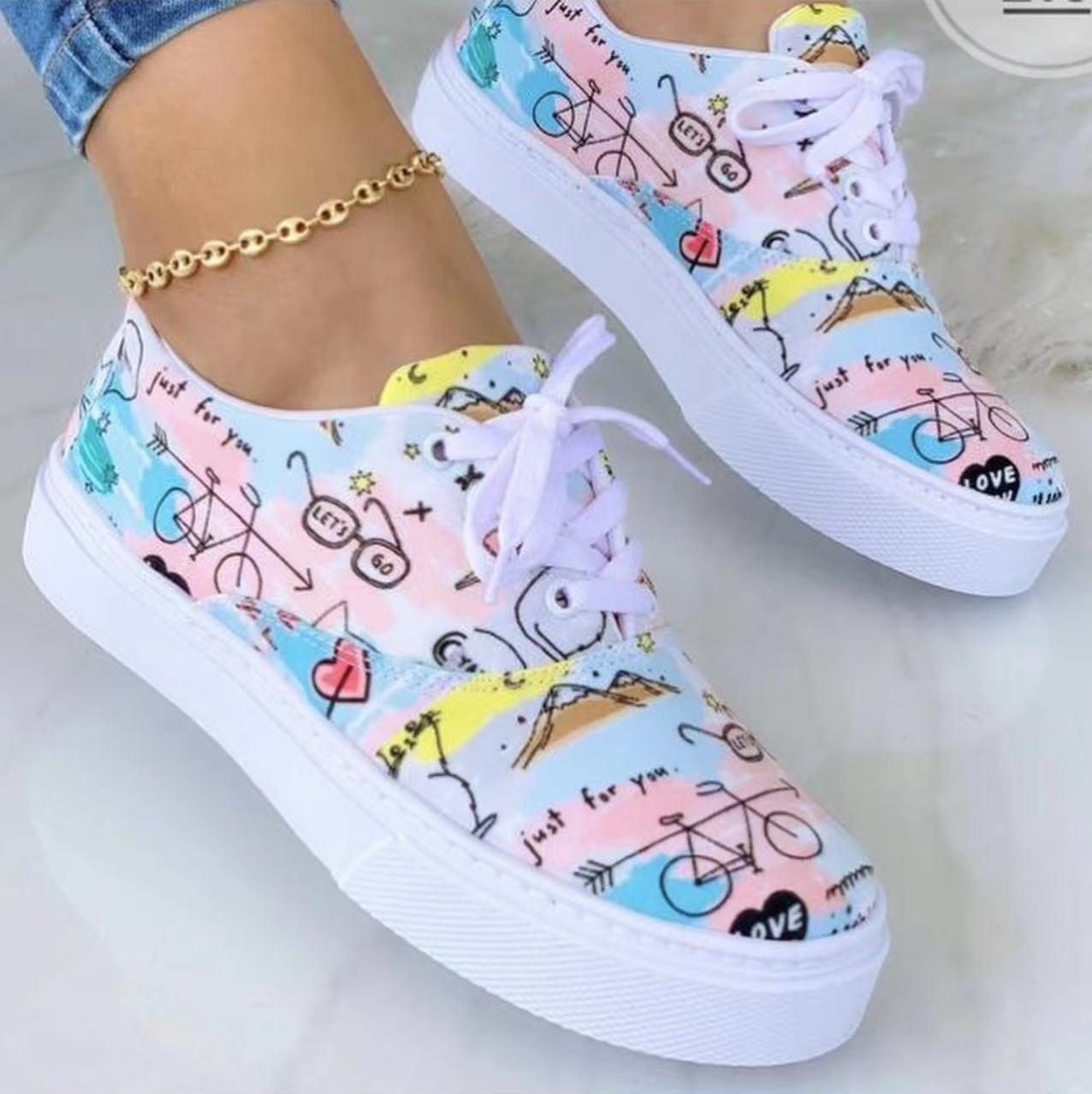 Lace-up Flats Shoes Print Canvas Fashion Walking Sneakers Women - NJPH Best Selling 