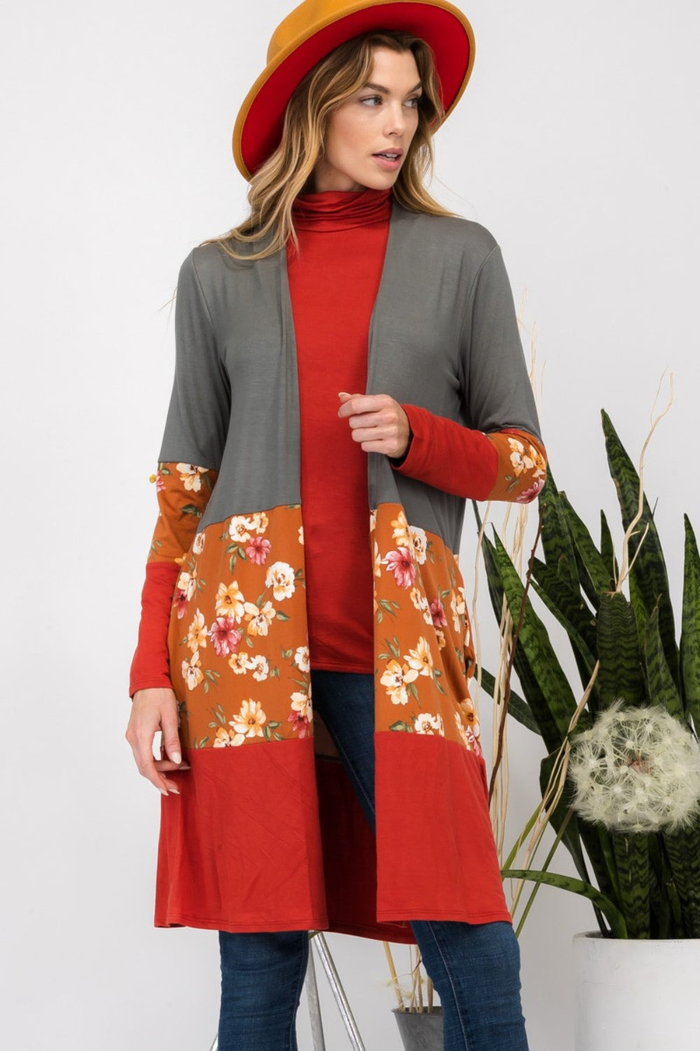 Celeste Full Size Floral Color Block Open Front Cardigan - NJPH Best Selling 