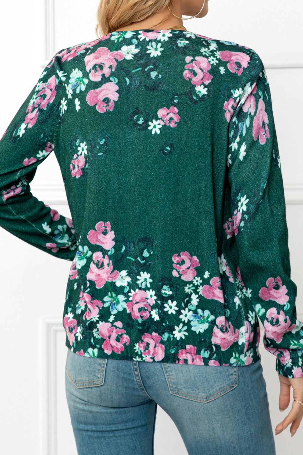 Woven Right Floral Button Front Round Neck Cardigan - NJPH Best Selling 