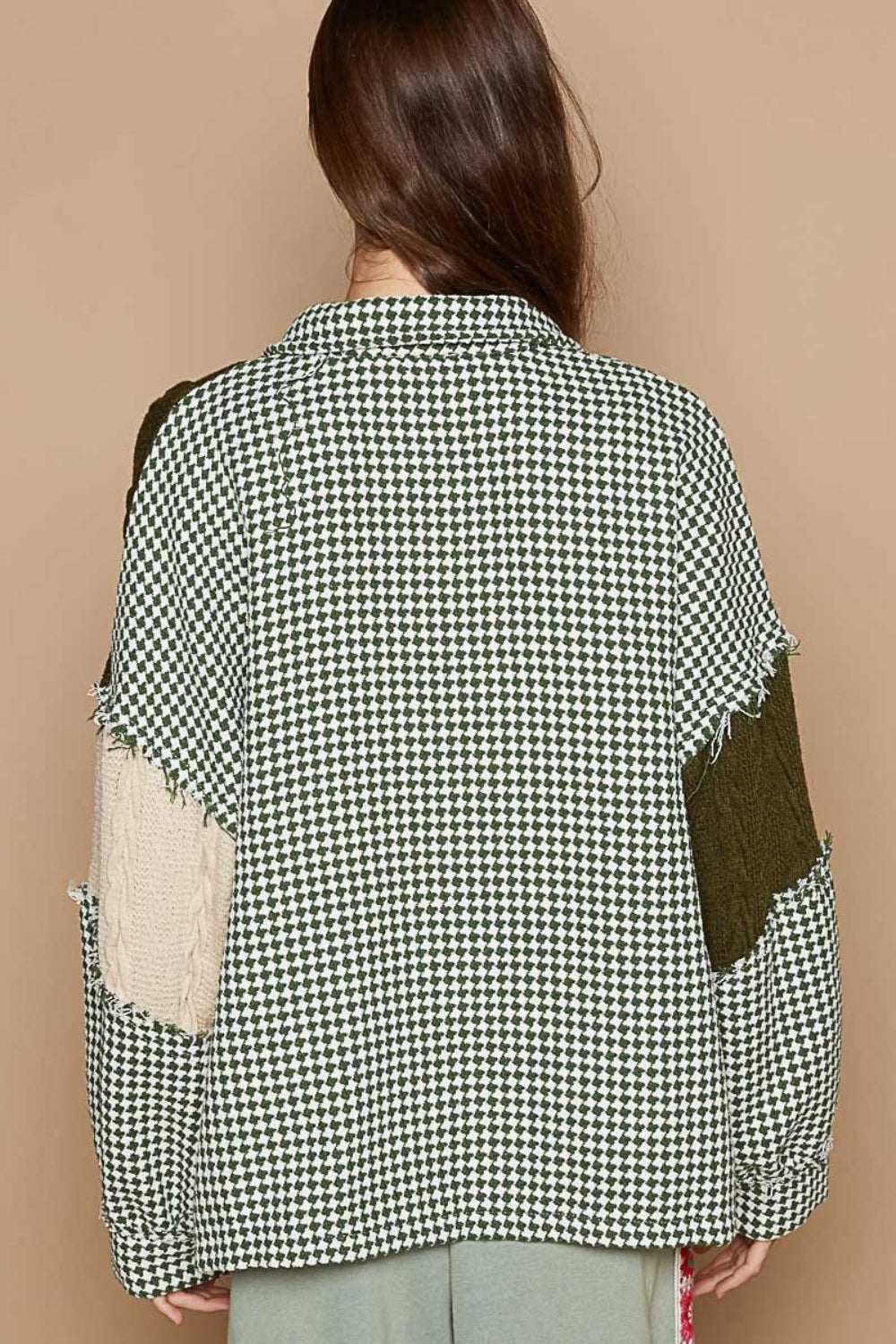 POL Houndstooth Contrast Cable Knit Pocket Shacket - NJPH Best Selling 