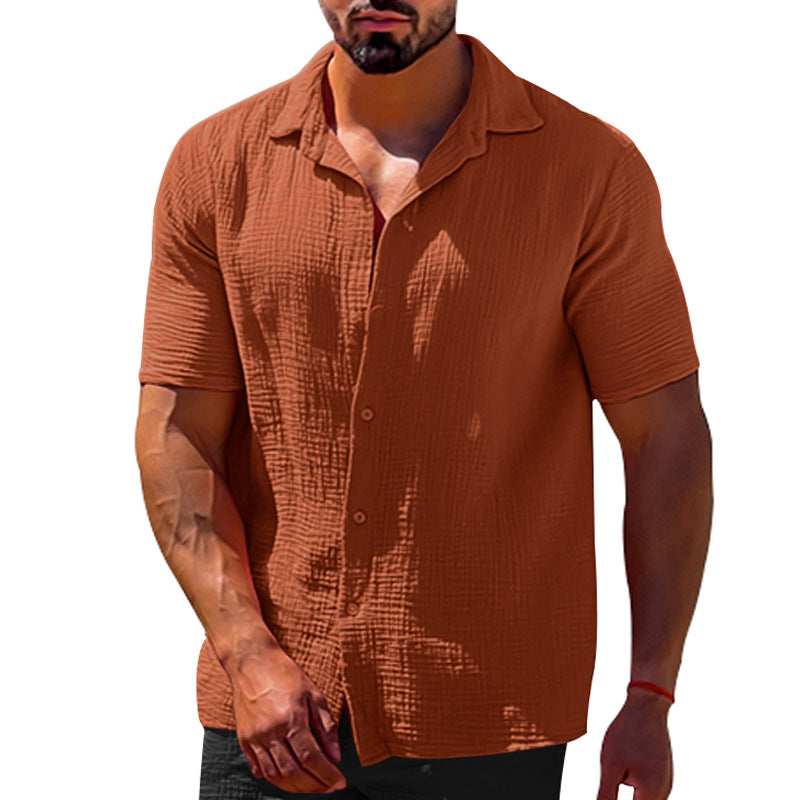 Polo Collar Solid Color Short Sleeve Button Men's Linen Shirts - NJPH Best Selling 