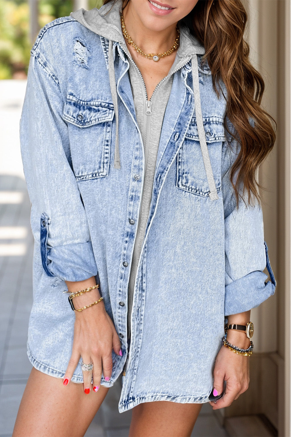 Distressed Button Up Long Sleeve Denim Jacket - NJPH Best Selling 