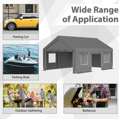 13x20 Ft Heavy Duty Carport Car Canopy Car Boat Shelter With Roll Up Doors & Windows And Removable Sidewalls