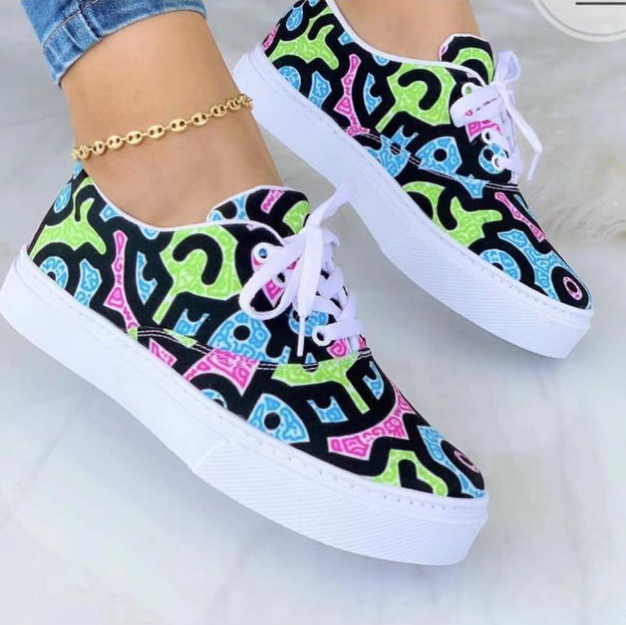 Lace-up Flats Shoes Print Canvas Fashion Walking Sneakers Women - NJPH Best Selling 