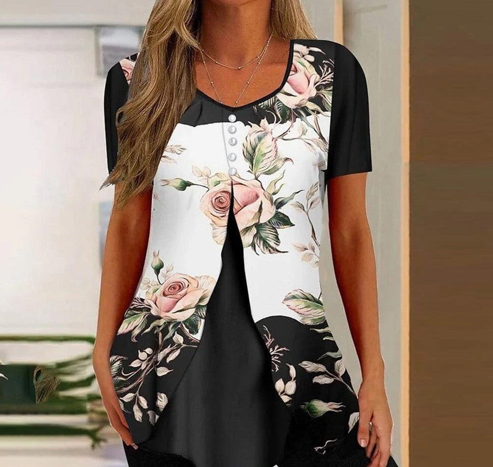 Fashion Printed Casual Short Sleeve Fake Two-piece T-shirts Women - NJPH Best Selling 