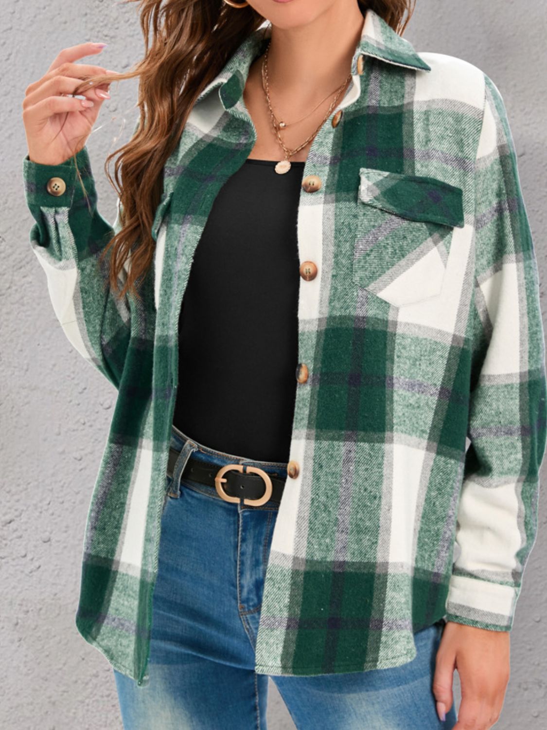 Full Size Pocketed Plaid Collared Neck Shacket - NJPH Best Selling 