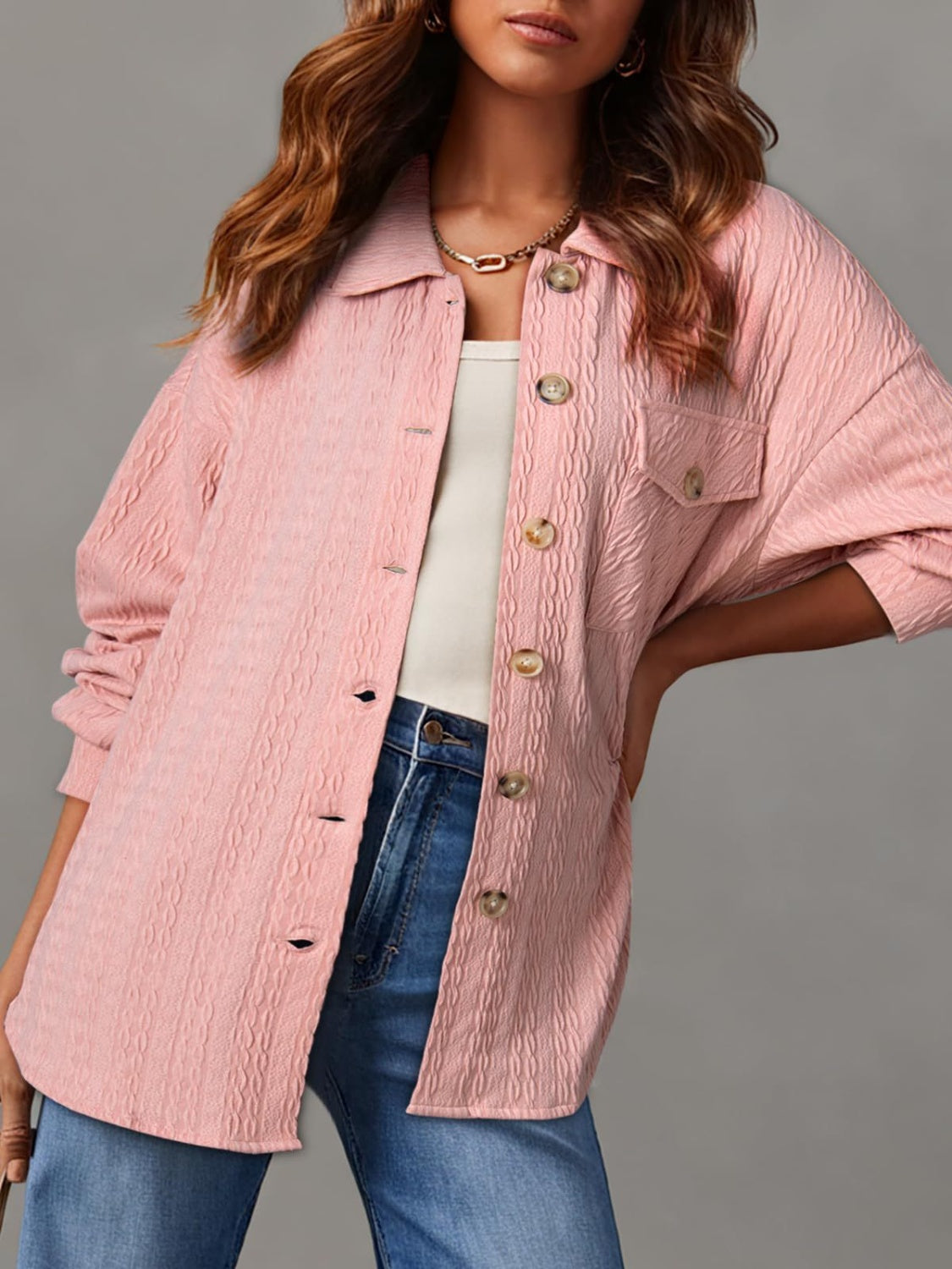 Textured Button Up Long Sleeve Shacket - NJPH Best Selling 