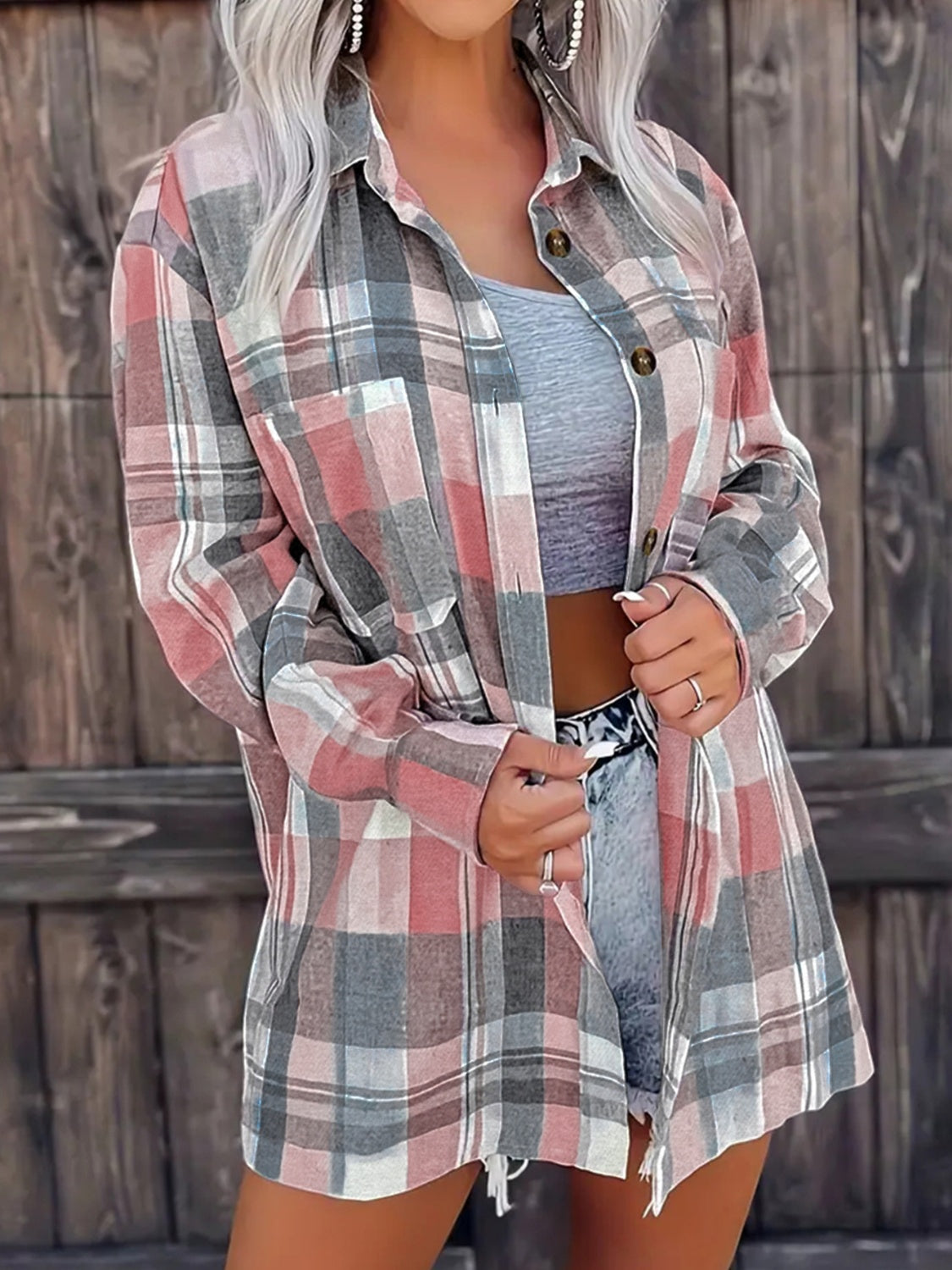 Pocketed Plaid Collared Neck Shacket - NJPH Best Selling 