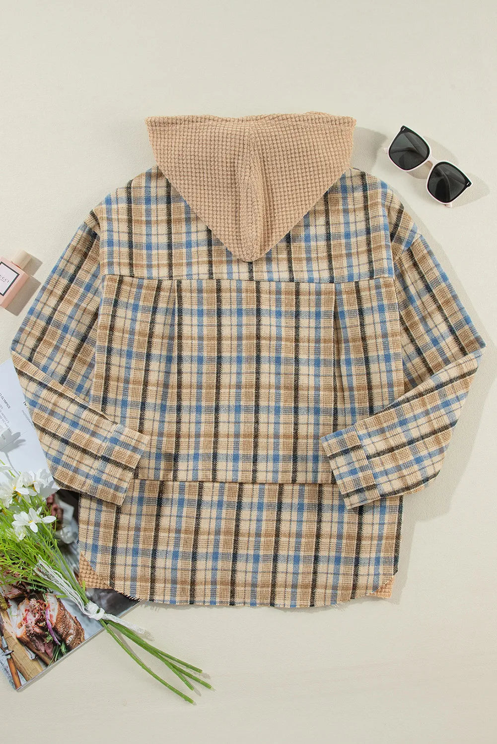 Drawstring Plaid Button Up Hooded Shacket - NJPH Best Selling 