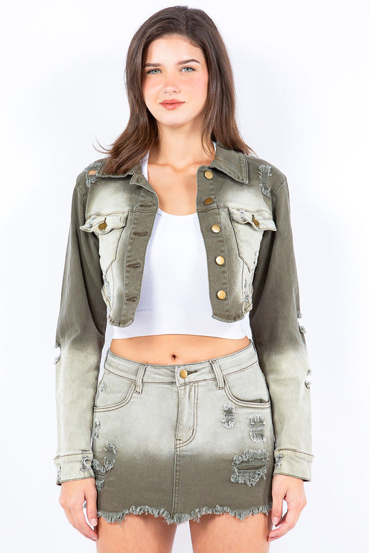 American Bazi Distressed Ombre Washed Cropped Denim Jacket - NJPH Best Selling 