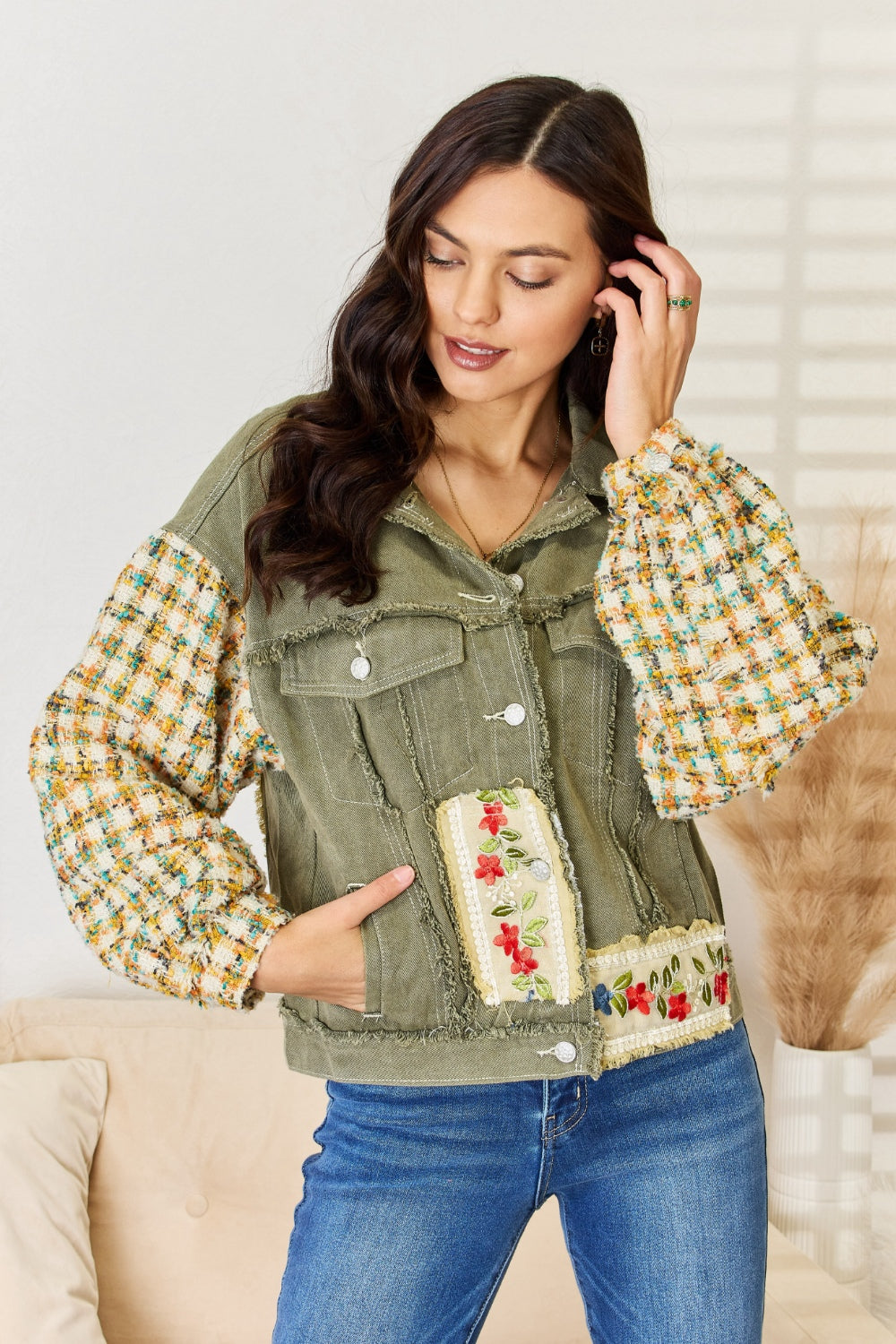 POL Embroidered Button Down Raw Hem Shacket - NJPH Best Selling 