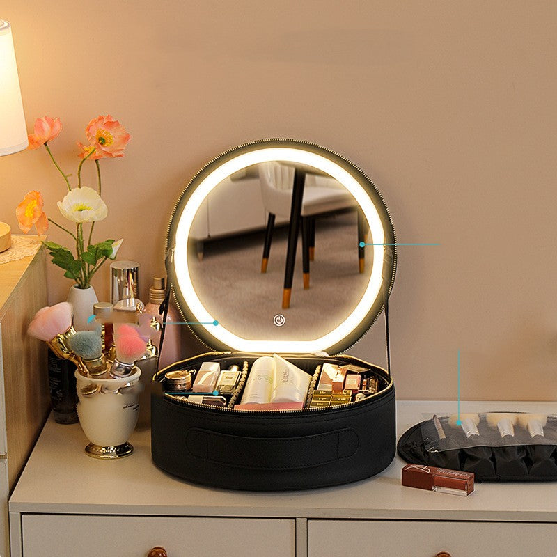 Round Smart LED Makeup Bag With Mirror Lights Women Beauty Bag Large Capacity PU Leather Travel Organizers Cosmetic Case - NJPH Best Selling 