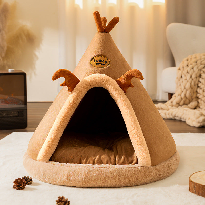 Christmas Autumn And Winter Dog Elk Tent Mongolian Bag Kennel Warm Thickened Closed Cat Nest Pet Bed - NJPH Best Selling 