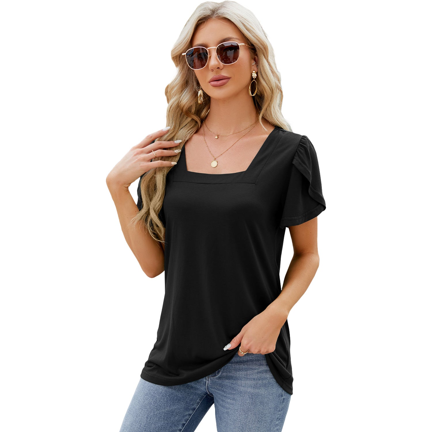 Summer Top Fashion Square Neck Printed Short-sleeved T-shirt With Petal Sleeve Design Bohemian Beach Loose T-shirt For Womens Clothing - NJPH Best Selling 