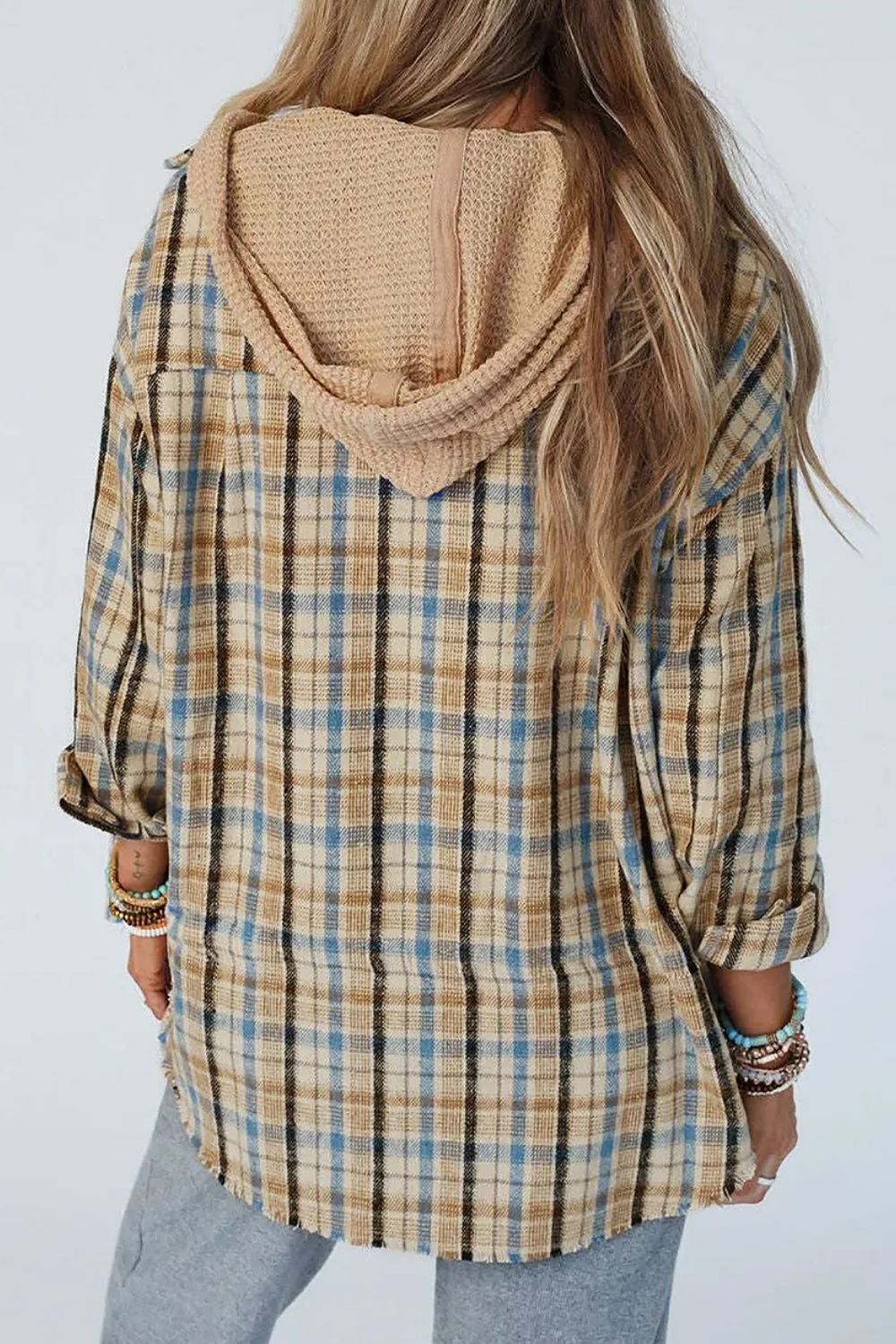 Drawstring Plaid Button Up Hooded Shacket - NJPH Best Selling 