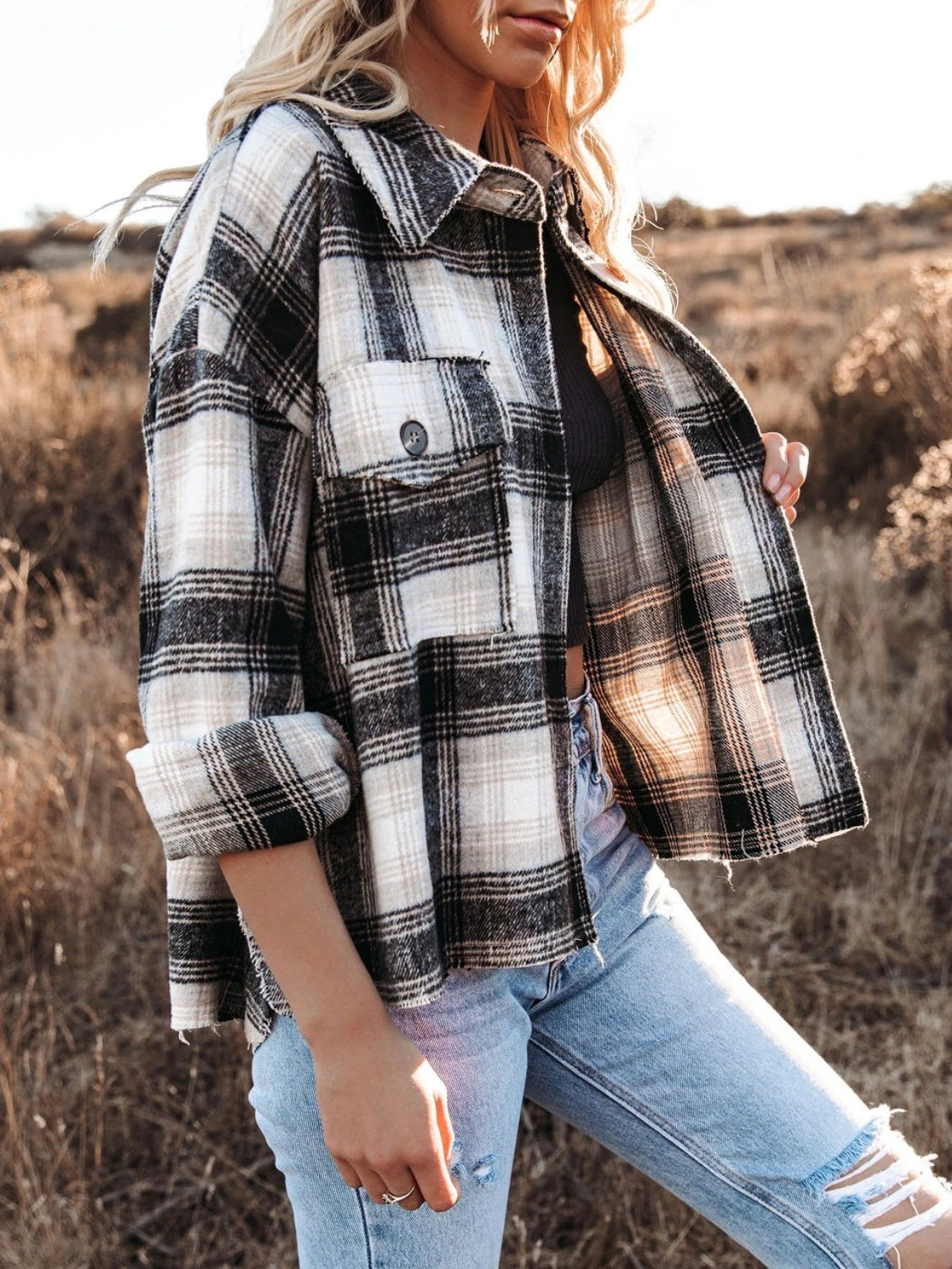 Pocketed Plaid Button Down Long Sleeve Shacket - NJPH Best Selling 