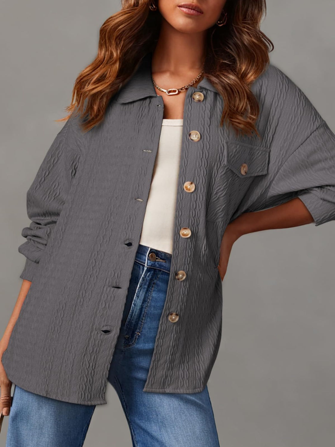 Textured Button Up Long Sleeve Shacket - NJPH Best Selling 