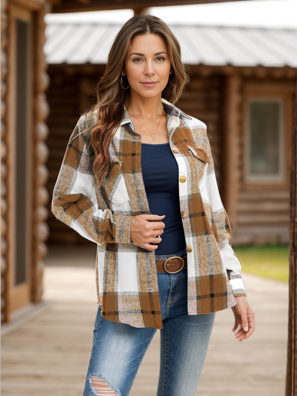 Full Size Pocketed Plaid Collared Neck Shacket - NJPH Best Selling 