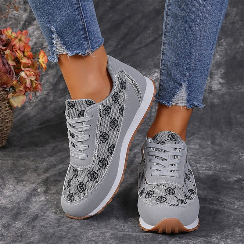 Flower Print Lace-up Sneakers Casual Fashion Lightweight Breathable Walking Running Sports Shoes Women Flats - NJPH Best Selling 