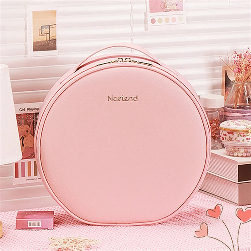 Round Smart LED Makeup Bag With Mirror Lights Women Beauty Bag Large Capacity PU Leather Travel Organizers Cosmetic Case - NJPH Best Selling 