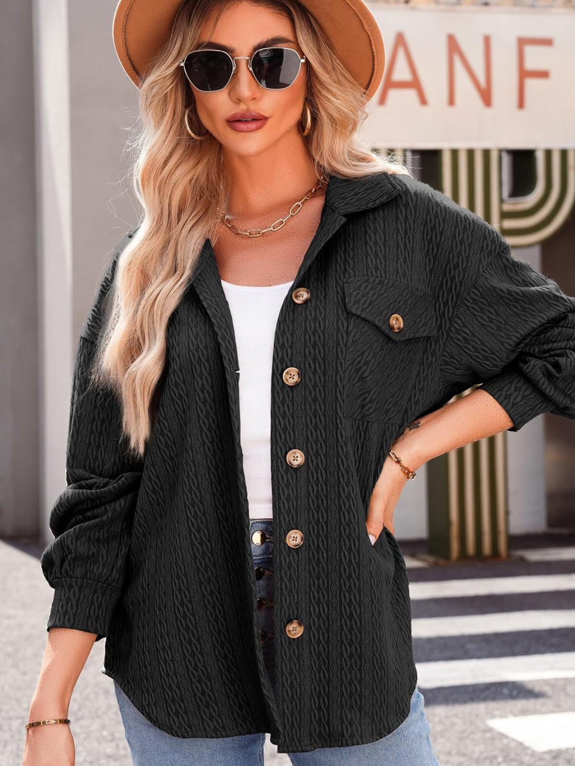 Textured Button Up Long Sleeve Shacket - NJPH Best Selling 