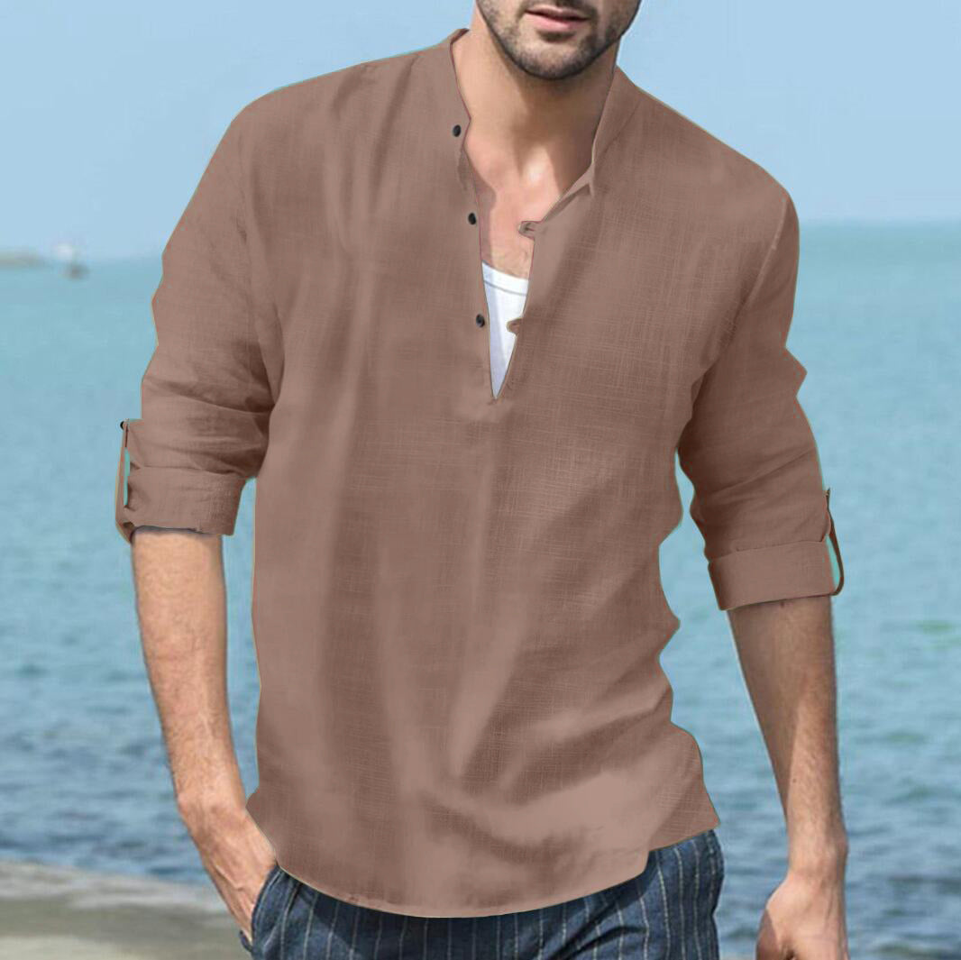 Fall Winter Men's Linen Henley Stand Collar Long Sleeve Casual Beach Shirt - NJPH Best Selling 