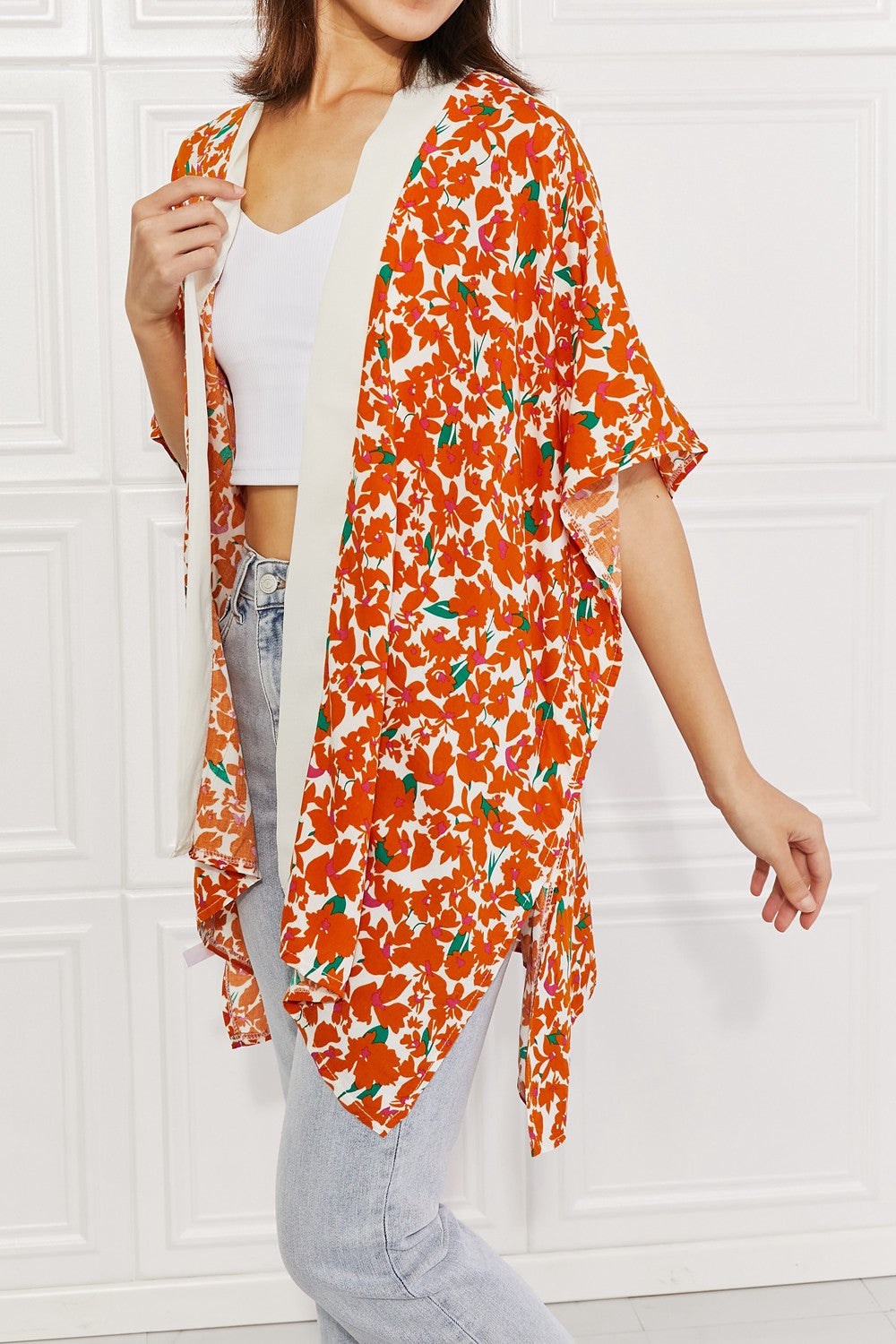 Justin Taylor Citrus Blossom Floral Contrast Trim Kimono - NJPH Best Selling 