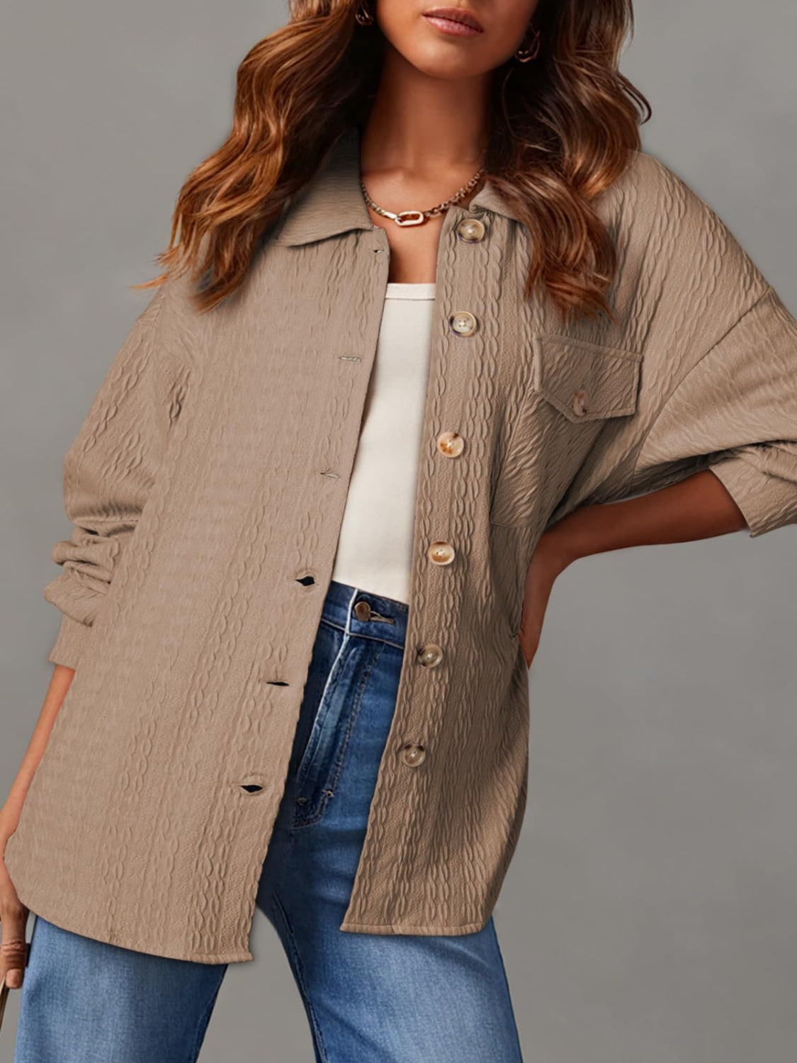 Textured Button Up Long Sleeve Shacket - NJPH Best Selling 